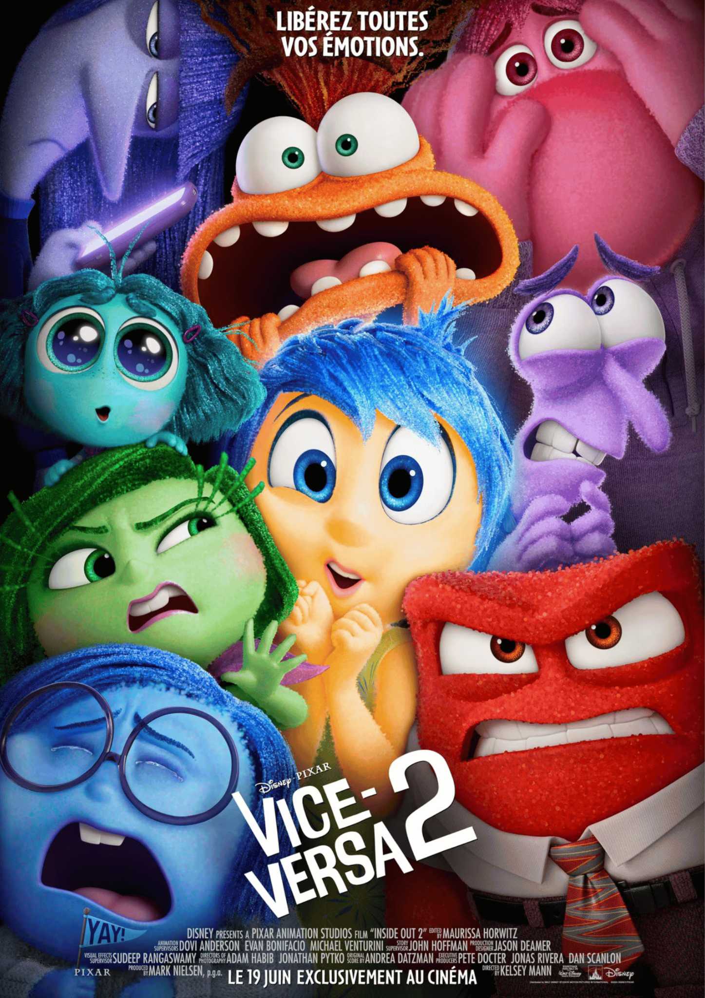 Vice-versa 2 ou Sens dessus dessous 2 au Québec (Inside Out 2) est un film d'animation américain réalisé par Kelsey Mann (en) et sorti en 20241. Il fait suite à Vice-versa, sorti en 2015. Il s'agit du premier long métrage du réalisateur et du 28e film produit par les studios Pixar. Pete Docter, réalisateur du premier Vice-versa, revient cette fois-ci en tant que producteur1. Le film débute alors que Riley fête ses 13 ans et commence à ressentir les effets de la puberté, les cinq émotions qu'elle a connues jusque là — Joie, Tristesse, Colère, Dégoût et Peur — vont voir leur quotidien bouleversé quand une étrange équipe d'ouvriers du cerveau viennent saccager le quartier général des émotions de Riley, et encore plus quand ils repartent en laissant à la grande surprise de Joie et des autres émotions un étrange personnage se présentant comme une nouvelle émotion : l'Anxiété (ne pas confondre avec Peur). Rien ne va en s'arrangeant quand Anxiété annonce qu'elle et d'autres émotions qui seront connues plus tard sous les noms de Ennui, Envie, Embarras (et très rarement Nostalgie) viennent rejoindre la petite équipe des émotions au quartier général pour faire entrer Riley dans l'adolescence. Mais la cohabitation entre les anciennes émotions et les nouvelles est difficile, car Anxiété met la pagaille en voulant faire changer la personnalité de Riley afin d’anticiper son avenir. Les accords entre les émotions ne passant plus, Anxiété décide de renvoyer les anciennes émotions hors du Quartier Cérébral.