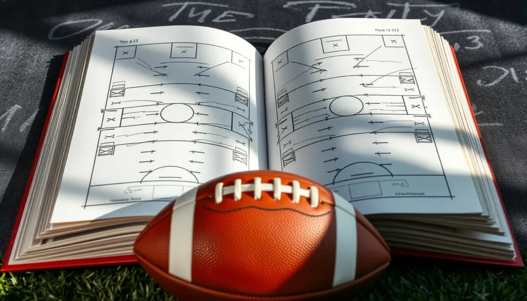 A crisp, wide-angle view of a detailed football playbook, its pages open to reveal intricate diagrams and X's and O's on a chalkboard-like background. The playbook is lit from the side, casting dynamic shadows that accentuate the strategic formations. In the foreground, a strategically placed football sits among the pages, its textured surface reflecting the intense focus on the game plan. The middle ground showcases the meticulously drawn plays, with arrows and lines guiding the viewer's eye through the offensive and defensive schemes. The background is softly blurred, keeping the attention on the central playbook and the sense of anticipation for the upcoming game.