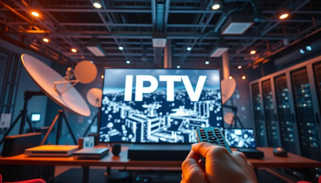 A cutting-edge IPTV setup with sleek modern devices, satellite dishes, and data center infrastructure in the background. In the foreground, a hand holding a remote control, symbolizing the convenience and control of IPTV technology. The scene is illuminated by warm, cinematic lighting, creating an atmosphere of sophistication and innovation. The overall composition conveys the power and potential of IPTV to revolutionize the entertainment landscape.