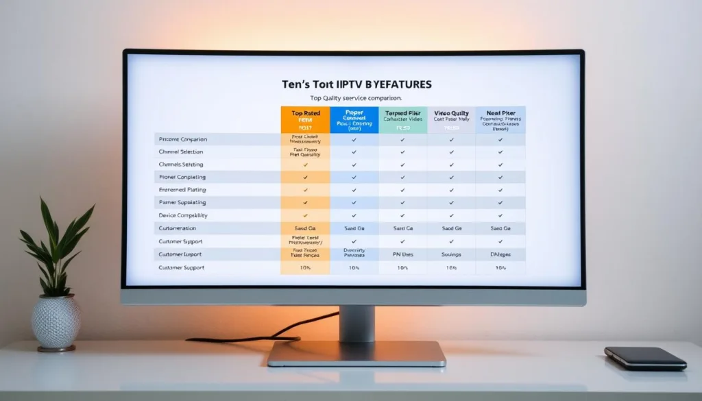 A detailed comparison chart displayed on a high-quality, modern desktop monitor. The chart showcases key features of various top-rated IPTV service providers, including price, channel selection, video quality, device compatibility, and customer support. The chart is cleanly laid out with clear typography and intuitive icons, allowing easy comparison at a glance. The monitor is placed on a minimalist, contemporary desk with a subtle, warm lighting setup that creates a professional, informative atmosphere. The overall scene conveys a sense of research and informed decision-making.