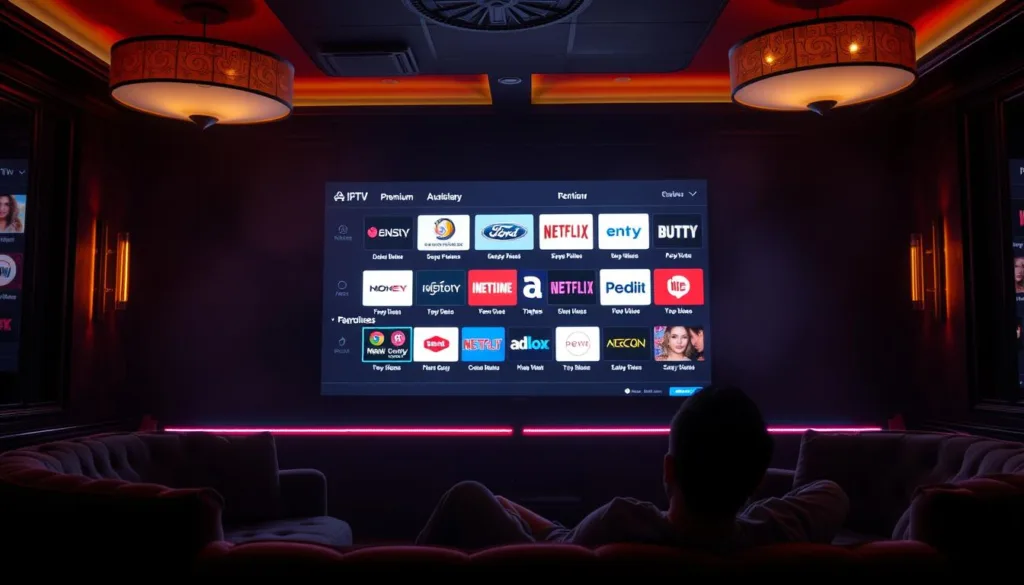 A dimly lit adult entertainment lounge, its plush velvet couches and low-hanging light fixtures casting a sultry glow. On the central screen, an array of adult IPTV service options are displayed, their logos and branding hinting at the premium content available. Subtle neon accents and a hazy atmosphere suggest the discretion and exclusivity of this high-end streaming experience. A lone viewer, their face obscured, reclines comfortably, immersed in the allure of the premium adult IPTV providers showcased before them.