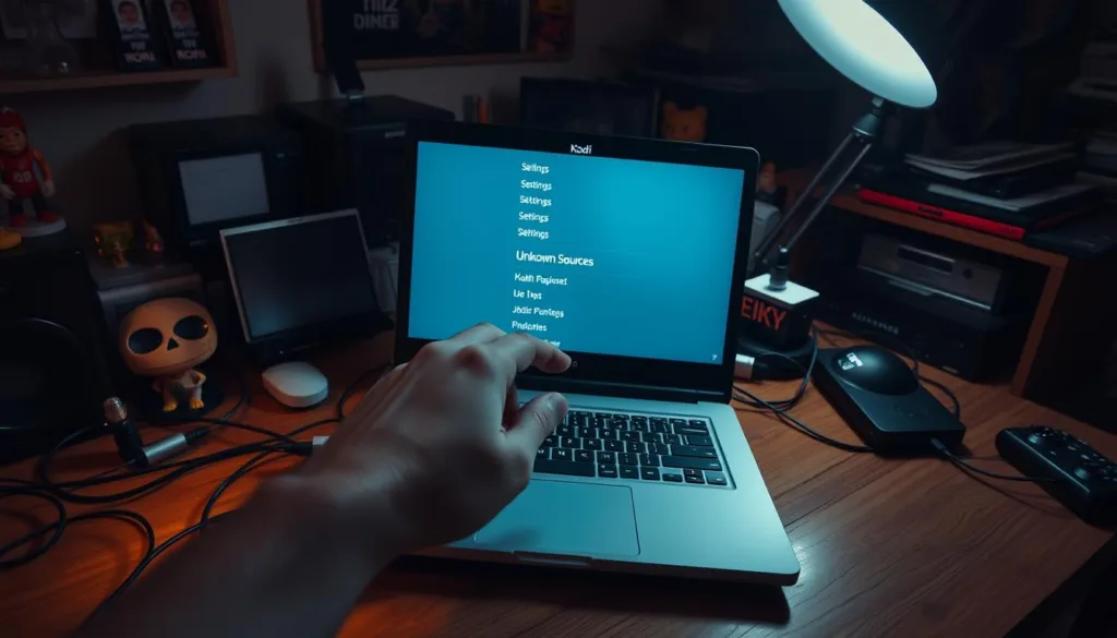 A dimly lit, cluttered home office setup with an open laptop displaying Kodi's settings menu. The laptop is positioned on a well-worn wooden desk, surrounded by a tangle of cables, figurines, and various tech accessories. The room is illuminated by a soft, warm glow from a desk lamp, casting a cozy ambiance. In the foreground, a hand hovers over the laptop, poised to navigate the Kodi settings, particularly the "Unknown Sources" option, which is the focal point of the image. The overall atmosphere conveys a sense of exploration, curiosity, and the anticipation of discovering the best Kodi adult addons for Jizz Planet.