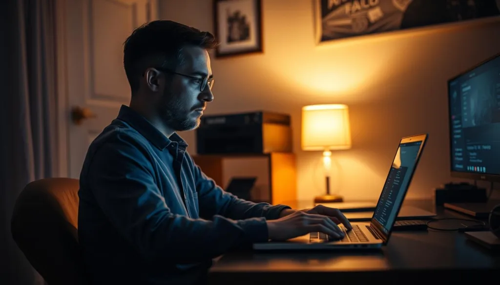 A dimly lit home office, a laptop open on the desk. The user, a concerned individual, is researching the legal considerations and privacy implications of using adult Kodi addons, such as Jizz Planet. The room is illuminated by a soft, warm glow, creating an atmosphere of contemplation. The user's expression is one of thoughtful consideration, as they navigate the complexities of maintaining privacy and staying within the bounds of the law. The scene conveys a sense of responsibility and caution, as the user seeks to make informed decisions about their Kodi addon usage.