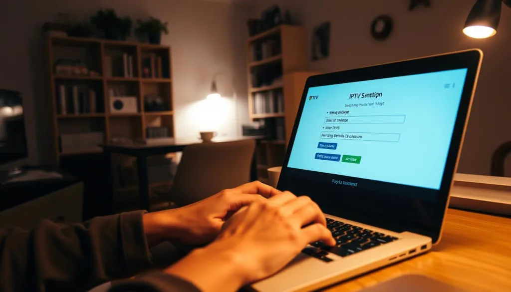 A dimly lit home office, the glow of a laptop screen illuminating the scene. In the foreground, a person's hands carefully navigating the setup process for an IPTV subscription, the screen displaying a simple interface with options to select a package, enter payment details, and activate the service. The middle ground features a cozy desk setup with a comfortable chair, a cup of coffee, and a few personal touches, creating a welcoming atmosphere. The background showcases a bookshelf filled with entertainment-related items, hinting at the wealth of content the IPTV subscription will unlock. Soft, warm lighting casts a gentle glow, evoking a sense of ease and anticipation as the user embarks on their journey to explore a world of streaming possibilities.