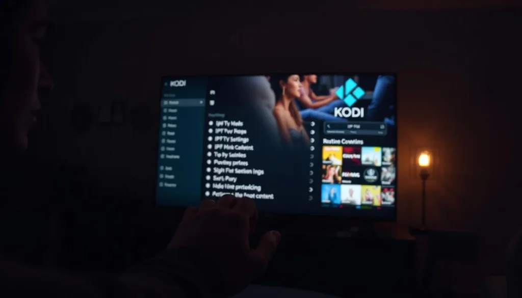 A dimly lit living room, the glow of a large TV screen casting a soft light. On the screen, the Kodi media player interface is displayed, hinting at the potential for adult content. In the foreground, a person's hands navigating through the menus, searching for the "IPTV PRO" addon, a gateway to a world of adult streaming. The atmosphere is one of intrigue and curiosity, with a sense of exploration and the possibility of unlocking new experiences.