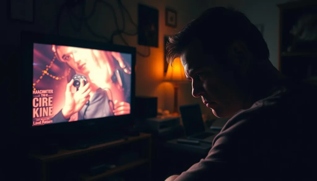 A dimly lit room, the glow of a flickering TV screen casting an eerie light on a tangled web of cables and devices. A frustrated user furrows their brow, staring intently at the screen, as the image stutters and freezes, the IPTV stream struggling to maintain a stable connection. In the background, a cluttered desk holds various remote controls and a laptop, hinting at the complexity of the setup. The scene evokes a sense of technical frustration, the user's desperation to access their desired adult IPTV content palpable.