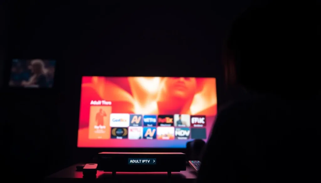 A dimly lit room, the glow of multiple screens casting an ethereal light. In the foreground, a sleek streaming device showcases a vibrant, high-definition user interface, highlighting a curated selection of adult IPTV channels. The middle ground features various remote controls and set-top boxes, hinting at the vast array of content available. In the background, a stylized silhouette of a person engrossed in the viewing experience, their face obscured by the mesmerizing display. The overall atmosphere is one of discreet sophistication, catering to the discerning tastes of those seeking specialized adult IPTV services.