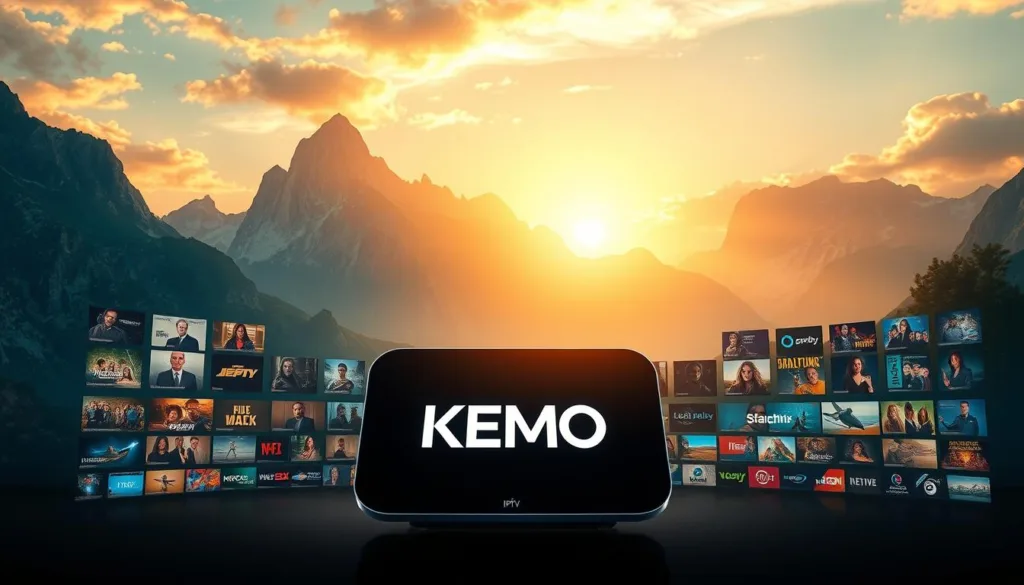 A dynamic and visually captivating image showcasing the extensive content offerings of KEMO IPTV. The scene depicts a vast, cinematic landscape with towering mountains in the background, bathed in warm, golden-hour lighting. In the foreground, a sleek, futuristic device prominently displays the KEMO IPTV logo, surrounded by a vibrant array of streaming icons, movie posters, and television show thumbnails, all meticulously rendered to convey the breadth and depth of the platform's entertainment options. The composition creates a sense of excitement and wonder, inviting the viewer to explore the boundless entertainment possibilities that KEMO IPTV provides.