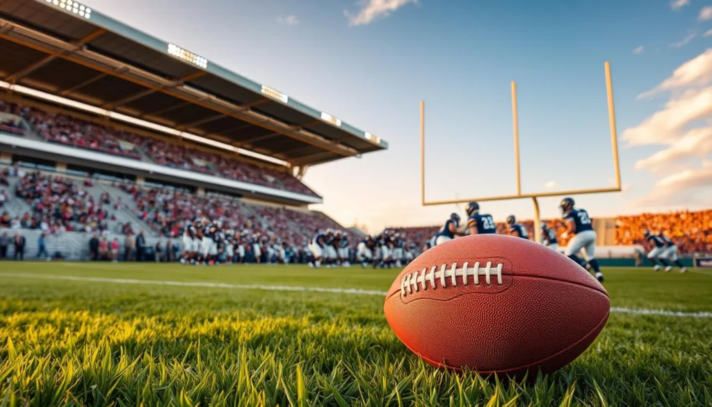 A football stadium at golden hour, the field bathed in warm sunlight, goal posts standing tall. On the grass, a football with laces prominently displayed, conveying the essence of the game. In the foreground, a group of players in full uniform, mid-action, capturing the dynamic nature of the sport. The background features a crowd of spectators in the bleachers, their excitement palpable. The overall scene exudes a sense of energy, passion, and the fundamental rules that govern the beloved game of football.