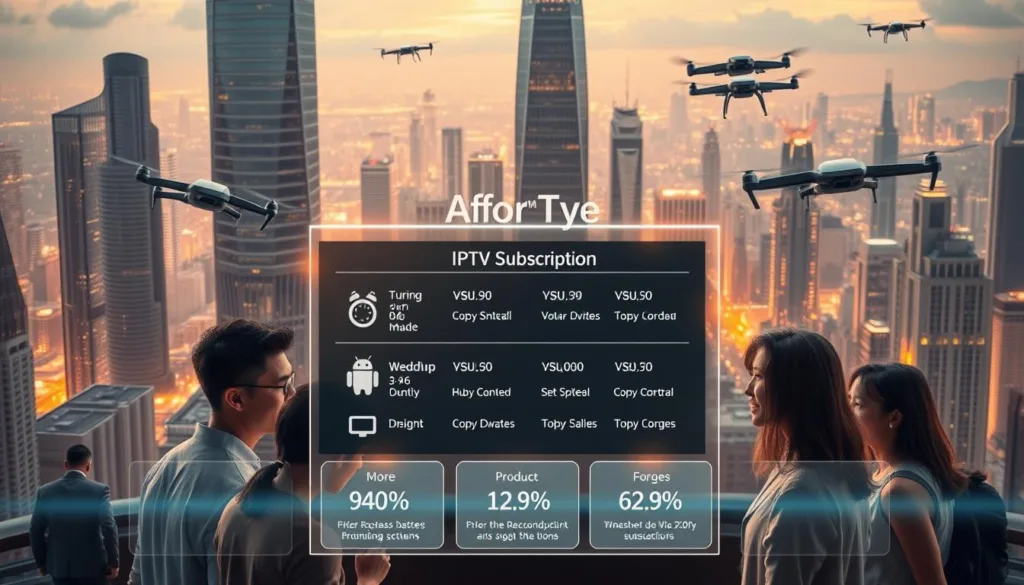 A futuristic cityscape with towering skyscrapers, gleaming with advanced technology. In the foreground, a group of diverse individuals gather around a transparent, holographic display showcasing a range of affordable IPTV subscription options. The display is illuminated by a warm, diffused lighting, casting a soft glow on the faces of the users. The background features a bustling metropolis, with flying vehicles and drones zipping through the air, creating a sense of a highly advanced, interconnected world. The overall scene conveys a mood of accessibility, convenience, and the seamless integration of cutting-edge entertainment technology into everyday life.