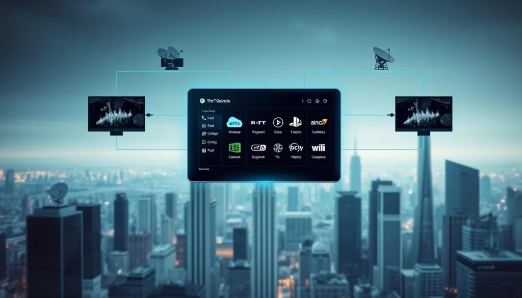 A futuristic digital network interface featuring a central server and multiple connected devices, all seamlessly exchanging audio and video content in real-time. A sleek, minimalist control panel hovers in the foreground, displaying various streaming options and service provider logos. The background depicts a vibrant cityscape, with skyscrapers and satellite dishes, symbolizing the global reach and integration of IPTV technology. Soft, diffused lighting creates a sense of technological sophistication, while a subtle color palette of blues and grays evokes the digital realm. The overall composition conveys the power, convenience, and interconnectivity of modern IPTV solutions.