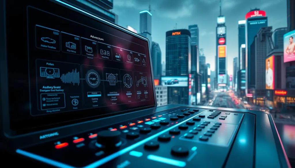 A futuristic high-tech control panel with a sleek, minimalist design. Holographic displays showcase advanced IPTV features, with intuitive touch interfaces and a cool, neon-tinged color palette. In the background, a cityscape of towering skyscrapers and neon-lit billboards, hinting at the sophisticated urban landscape of IPTV Adult2025. Subtle lens flares and dramatic lighting create a sense of dynamism and innovation, reflecting the cutting-edge nature of this new era of adult streaming technology.