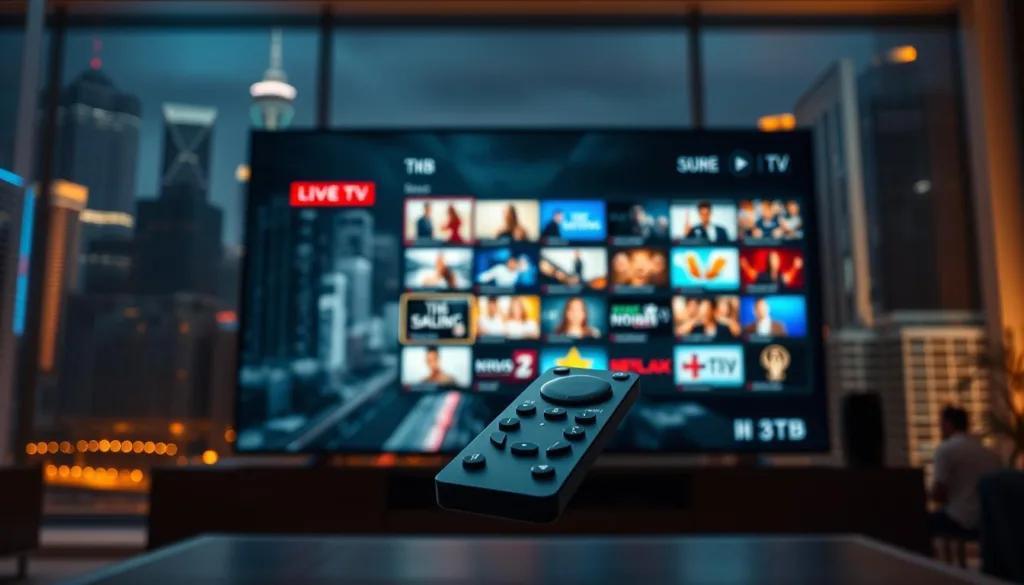 A futuristic live TV streaming service, with a sleek and modern interface displayed on a high-resolution screen. The screen shows a grid of live channels, with bold, vibrant colors and sharp, detailed graphics. In the foreground, a minimalist remote control hovers, its buttons and touchpad glowing softly. The background is a dimly lit, stylized cityscape, with towering skyscrapers and neon-lit streets, conveying a sense of technological advancement and urban sophistication. The lighting is warm and atmospheric, creating a cozy, immersive viewing experience. The overall scene suggests a seamless, cutting-edge IPTV service that revolutionizes the way people consume live television.