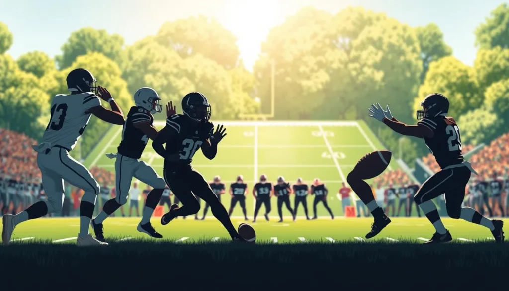 A high-key, clean-lined illustration depicting the key football positions in a dynamic, schematic layout. Crisp, evenly lit foreground showing players in iconic poses - quarterback dropping back, running back bursting through the line, receiver stretching for a catch, linebacker shedding a block. Midground with silhouetted offensive and defensive linemen in fierce engagement. Blurred background of a lush, sun-dappled field surrounded by cheering fans. Minimal color palette focused on team uniforms, with strategic pops of primary colors. Cinematic camera angle, capturing the drama and energy of the game.