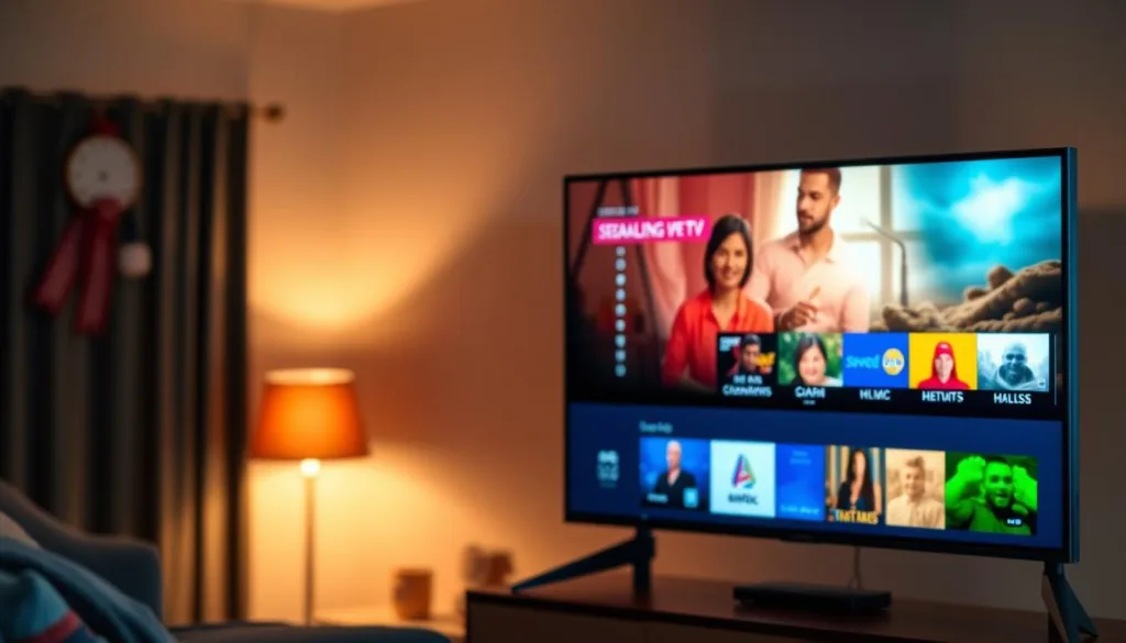 A high-quality IPTV streaming service, with a clear, vibrant display showcasing seamless live TV and on-demand content. The scene depicts a modern home entertainment setup, featuring a sleek, state-of-the-art smart TV displaying a crisp, high-definition image. Soft, directional lighting illuminates the scene, creating a warm, inviting atmosphere. The TV's user interface is visible, showcasing a clean, intuitive design that allows for easy navigation through a wide selection of channels and streaming options. In the background, subtle hints of a cozy living room setting, with hints of comfy furniture and decor, create a sense of domestic comfort and relaxation. The overall composition conveys the reliable, high-quality streaming experience that the best IPTV providers can deliver.