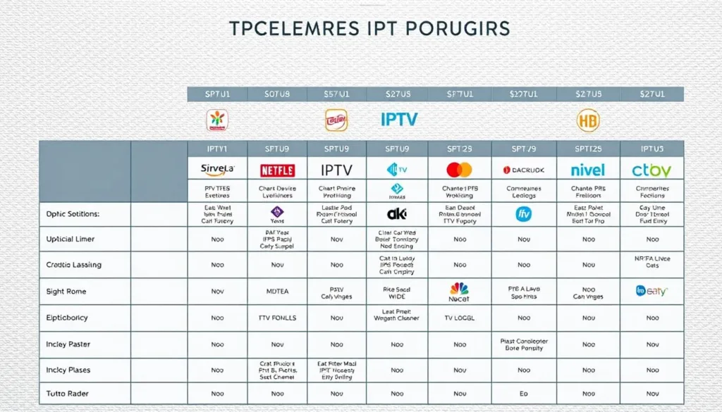 A high-quality, detailed comparison chart showcasing various IPTV service providers. The foreground features a sleek, minimalist table with rows of service names, prices, channel lineups, and other key features. The middle ground displays icons, logos, and visual cues for each IPTV option. The background is a subtle, textured pattern or gradient that complements the overall aesthetic. The lighting is bright and crisp, with a clean, professional look. The angles provide a clear, unobstructed view of the comparison data. The overall mood is informative, authoritative, and visually appealing, perfectly suited to illustrate the "Finding and Choosing IPTV Services for Kodi" section.