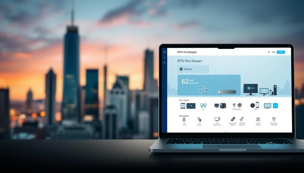 A high-quality digital subscription interface for IPTV Pro Stream, showcasing a sleek and intuitive dashboard. In the foreground, a laptop screen displays the IPTV Pro Stream logo and subscription details, with a modern minimalist design in shades of blue and gray. The middle ground features various streaming device icons, including smart TVs, smartphones, and tablets, illustrating the cross-platform compatibility of the service. In the background, a blurred cityscape with skyscrapers and a vibrant skyline creates a sense of urban sophistication, reflecting the advanced technology and global reach of the IPTV Pro Stream platform. Soft, diffused lighting and clean lines contribute to an elegant, professional atmosphere.