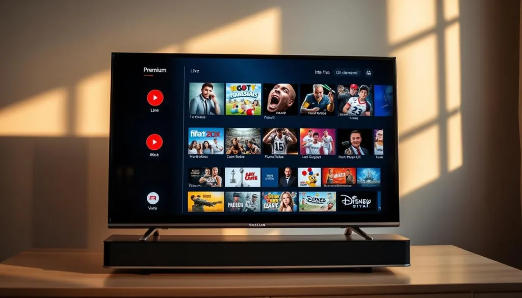 A high-quality, modern digital device displaying a sleek and intuitive IPTV interface. The screen showcases a diverse selection of premium live TV channels and on-demand content, with a clean and visually appealing layout. The device is positioned against a minimalist, yet stylish background, highlighting its seamless integration into a contemporary home entertainment setup. Warm, natural lighting casts a soft glow, creating a cozy and inviting atmosphere. The overall composition emphasizes the convenience, versatility, and premium nature of the IPTV subscription service, reflecting the guide's focus on selecting the best offer.