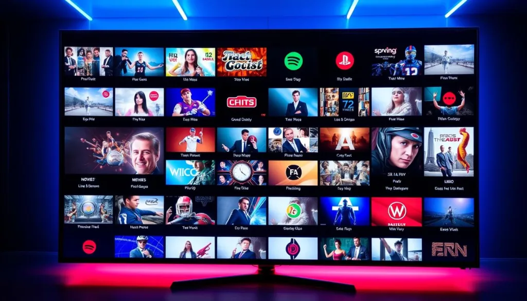 A high-tech digital television interface displaying a diverse array of IPTV Pro Stream channels. The vibrant and intuitive user interface features a grid layout showcasing a wide selection of live television content, including movies, sports, news, and entertainment. The display is bathed in a cool, futuristic lighting scheme, creating a sleek and modern ambiance. The channels are elegantly arranged with clear icons and labels, making navigation seamless and efficient. The overall aesthetic is both visually striking and functionally optimized for a premium streaming experience.