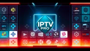 A high-tech, futuristic-looking interface featuring various Kodi addon icons and logos, with a prominent "IPTV PRO" branding in the center. The addons are arranged in a sleek, grid-like layout, each represented by a distinct icon or graphic. The scene is bathed in a warm, neon-tinged lighting, creating an atmospheric and alluring ambiance. The overall composition conveys a sense of advanced, cutting-edge technology and the excitement of unlocking a world of adult entertainment through these powerful Kodi addons.