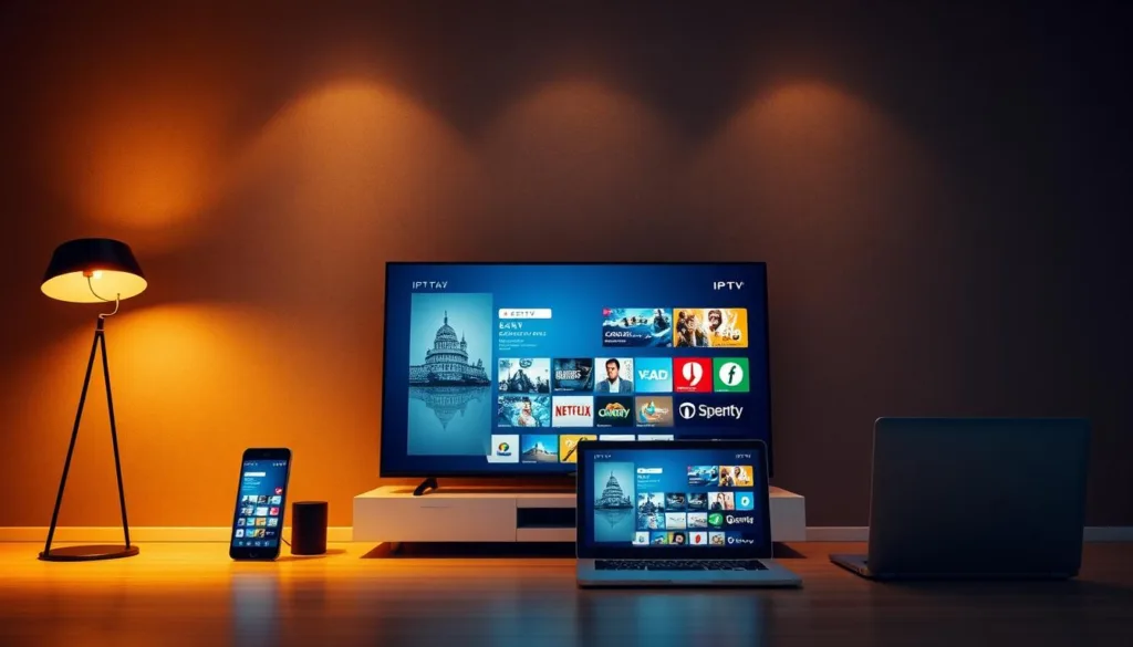 A high-tech interior with sleek, modern devices showcasing IPTV services across a range of platforms. A large flat-screen TV takes center stage, flanked by a smartphone, tablet, and laptop, all seamlessly connected and displaying various IPTV channels and content. Warm, indirect lighting illuminates the scene, creating a cozy, inviting atmosphere. The devices are arranged in a visually appealing, symmetrical layout, emphasizing the harmonious integration of IPTV services. The background features a minimalist, gray-toned wall, allowing the devices to take the spotlight. The overall composition conveys the versatility and accessibility of IPTV, catering to the diverse needs of modern media consumption.