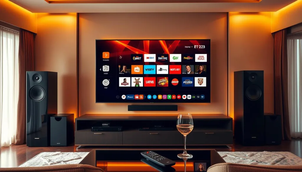 A luxurious living room with a large flatscreen TV displaying a vibrant, high-quality IPTV interface. The room is bathed in warm, golden lighting, creating a cozy and inviting atmosphere. The TV is flanked by sleek, modern speakers and a state-of-the-art media console. On the coffee table, a premium IPTV remote control and a glass of fine wine suggest an evening of premium entertainment. The overall scene conveys the comfort, convenience, and elevated experience of premium IPTV services in the year 2025.