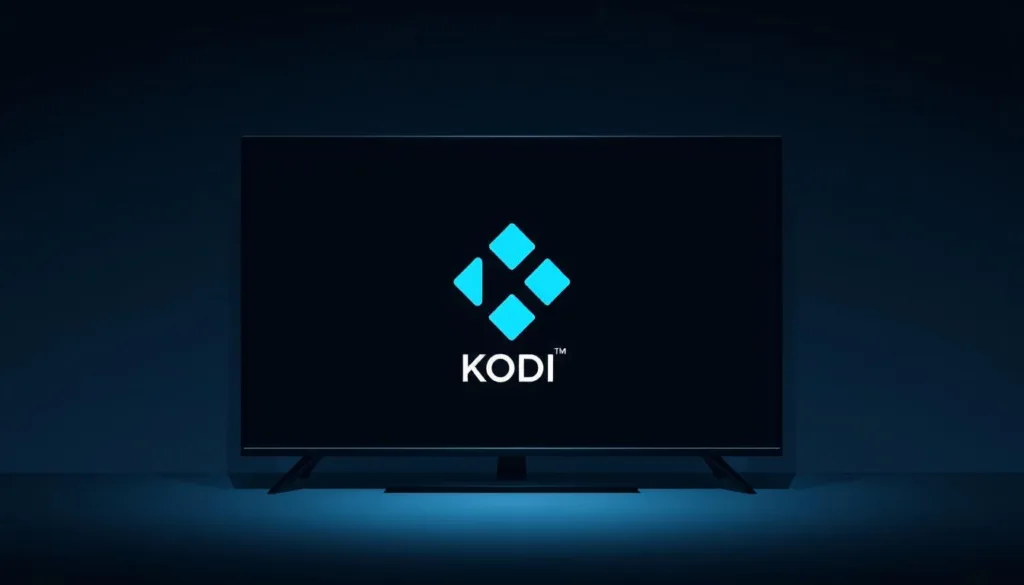 A minimalist, high-contrast illustration of a television screen displaying the Kodi IPTV logo. The screen is set against a plain, dark background, creating a sleek, modern aesthetic. The Kodi logo is prominently featured, rendered in a bold, simplified style that emphasizes its iconic design. The lighting is subtle and directional, casting a soft glow on the screen and lending a sense of depth and dimensionality to the scene. The overall composition is clean, uncluttered, and focused on the core essence of Kodi IPTV - unlocking endless entertainment.