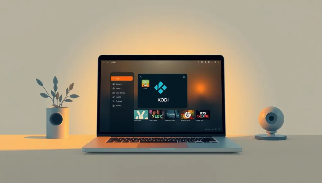 A minimalist, photorealistic digital illustration depicting legal and safety considerations for installing adult addons on the Kodi media player. The scene shows a Kodi interface on a laptop screen, with an IPTV PRO window open, surrounded by icons and UI elements. The lighting is soft, with a warm, inviting tone. The composition emphasizes the thoughtful, measured approach needed when exploring mature content on Kodi, conveying a sense of responsibility and caution.
