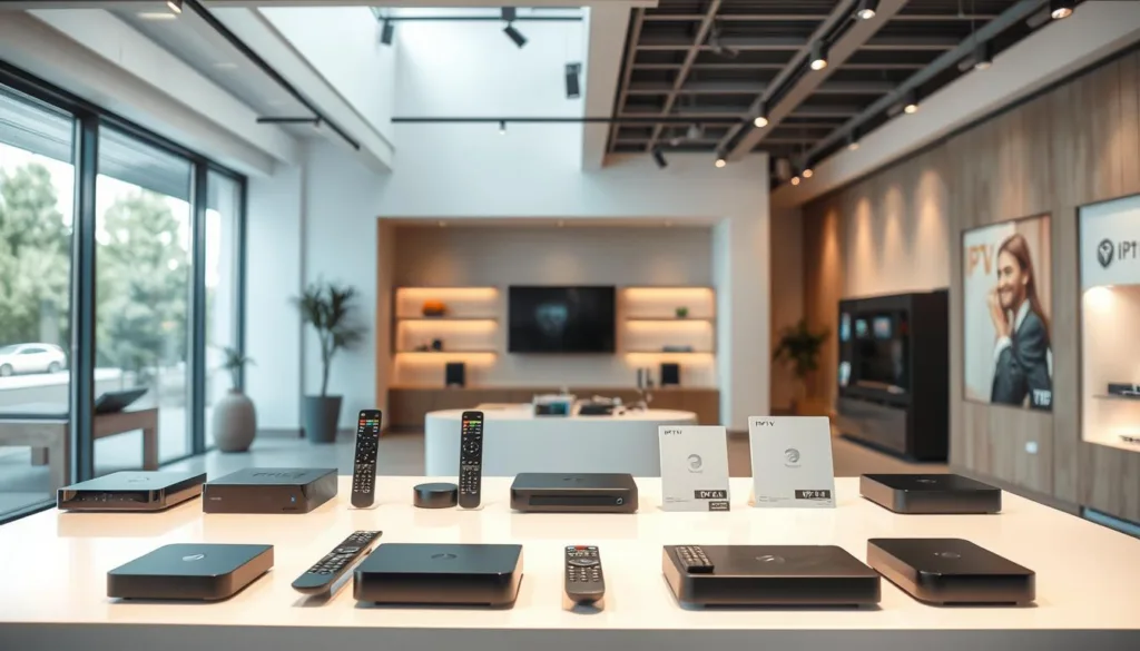 A modern and minimalist storefront display showcasing a selection of affordable IPTV devices and services. The foreground features a clean and sleek display table with various streaming boxes, remote controls, and accessories neatly arranged. The middle ground depicts a contemporary interior with a warm, inviting atmosphere, perhaps with subtle branding or signage. The background incorporates architectural elements like large windows or a minimalist wall design, allowing natural light to create a bright and airy ambiance. The overall scene conveys a sense of professionalism, accessibility, and value for customers seeking reliable and cost-effective IPTV solutions in the USA.