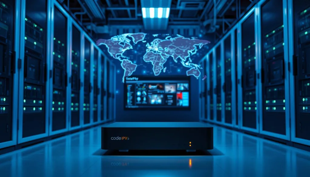 A modern data center filled with servers, network switches, and cabling, all bathed in a cool blue ambient lighting. In the foreground, a sleek code IPTV box takes center stage, its minimalist design and glowing indicators hinting at the advanced technology within. The middle ground showcases a user interface on a large display, presenting a seamless and intuitive way to access a vast library of live and on-demand content. In the background, a world map projection pulses with data streams, symbolizing the global reach and interconnectivity of the code IPTV ecosystem.