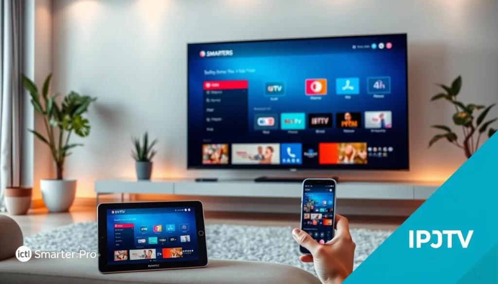 A modern digital living room with a large 4K smart TV displaying the IPTV Smarters Pro app interface, showcasing its sleek multi-screen support. The TV is situated on a minimalist floating media console, surrounded by ambient lighting and potted plants. In the foreground, a tablet and a smartphone are seamlessly connected to the IPTV service, mirroring the content on the main screen. The scene exudes a sense of technological sophistication and integration, reflecting the advanced features of the IPTV Smarters Pro subscription.
