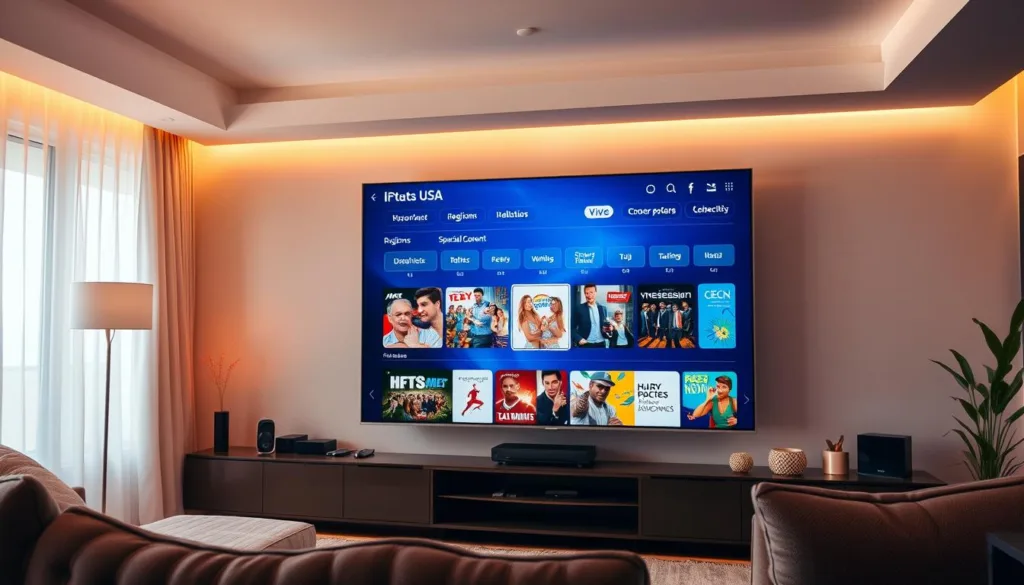 A modern living room setting with a large TV screen prominently displayed. On the screen, an IPTV subscription interface is shown, highlighting the regional options and specialized content available to viewers in the USA. The room is bathed in warm, soft lighting, creating a cozy and inviting atmosphere. The overall scene conveys a sense of ease and accessibility, reflecting the convenience of IPTV subscriptions. The composition emphasizes the centrality of the TV screen, drawing the viewer's attention to the vast entertainment possibilities offered by IPTV in the USA.