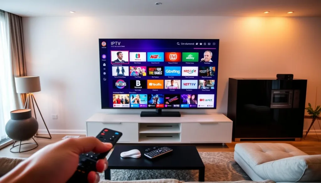 A modern living room with a large flat-screen TV, sleek entertainment center, and comfortable couch. The TV screen displays a vibrant IPTV interface, showcasing a wide selection of live channels and on-demand content. Warm, diffused lighting illuminates the space, creating a cozy and inviting atmosphere. In the foreground, a person's hand holds a remote control, suggesting the ease of accessing and controlling the IPTV subscription. The overall scene conveys the convenience and versatility of IPTV for modern viewers, catering to their entertainment needs.