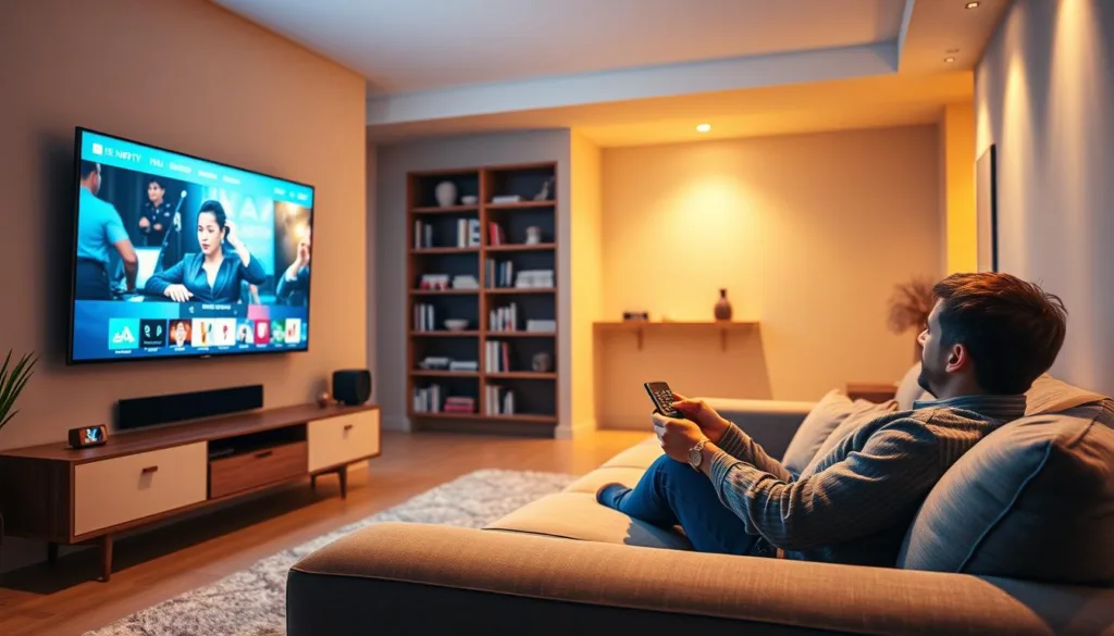 A modern living room with a sleek flat-screen TV mounted on the wall. In the foreground, a person sits comfortably on a plush couch, remote in hand, immersed in a thrilling IPTV streaming experience. The room is bathed in warm, soft lighting, creating a cozy and inviting atmosphere. In the background, bookshelves and minimalist decor suggest a well-appointed, contemporary space. The scene conveys the ease and convenience of cheap IPTV streaming, the future of television consumption.