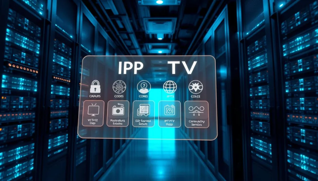 A modern, sleek data center filled with rows of servers and blinking LED lights, casting a cool, blue-tinted glow. In the foreground, a holographic display shows various IPTV code options, each with its own unique design and functionality. The scene is captured with a wide-angle lens, emphasizing the scale and complexity of the IPTV infrastructure. The lighting is dramatic, with strategic use of shadows and highlights to create a sense of depth and perspective. The overall atmosphere is one of technological sophistication and the promise of seamless, high-quality streaming experiences in the year 2025.