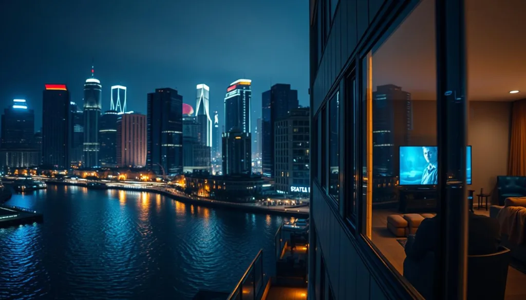 A neon-lit city skyline at night, reflecting on the rippling waters of a vast urban canal. In the foreground, a sleek, modern apartment building with floor-to-ceiling windows glowing softly. Warm light spills out, hinting at the cozy, intimate spaces within. The camera focuses on one particular window, revealing a person seated comfortably, their eyes intently focused on a high-definition display. Subtle, ambient music drifts from the apartment, complementing the serene, almost voyeuristic scene. The overall mood is one of modern, sophisticated indulgence, a glimpse into the private world of a Porno IPTV streaming service subscriber.