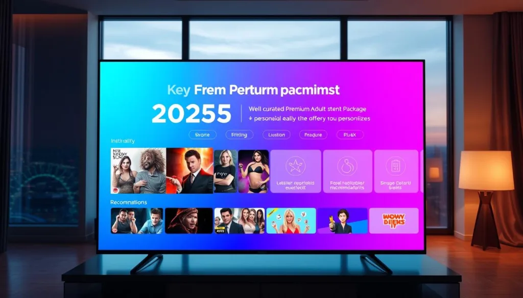 A sleek and futuristic IPTV interface showcasing the key benefits of the 2025 premium package. The screen displays a clean, minimalist design with vibrant colors and smooth animations. In the foreground, a well-curated selection of premium adult content is highlighted, enticing the viewer. The middle ground features intuitive navigation menus and personalized recommendations, tailored to the user's preferences. The background subtly conveys a sense of technological advancement, with subtle holographic elements and a stylized cityscape visible through a large window. Ambient lighting casts a warm, inviting glow, creating an immersive and luxurious atmosphere.