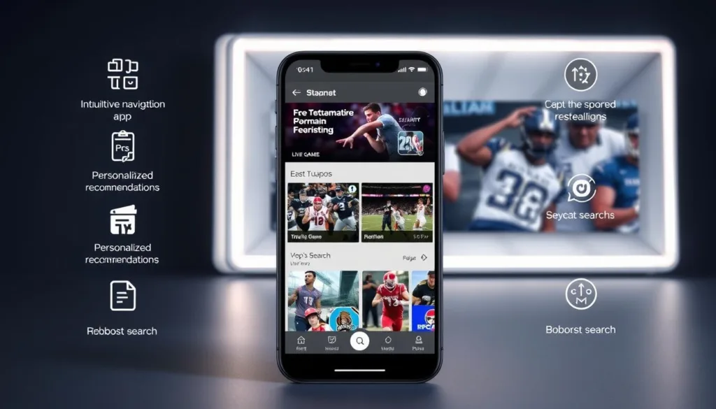 A sleek and intuitive mobile app interface showcasing the key features of StreamEast, a seamless platform for live sports streaming. In the foreground, crisp icons and visuals highlight intuitive navigation, personalized recommendations, and robust search capabilities. The middle ground features live game tiles with dynamic team logos and player imagery, set against a backdrop of a modern, minimalist design. The background subtly incorporates subtle gradients and geometric patterns, evoking a sense of energy and connectivity. Lighting is soft and diffused, creating a clean, premium aesthetic. The overall composition conveys the app's user-friendly experience and comprehensive sports entertainment offering.