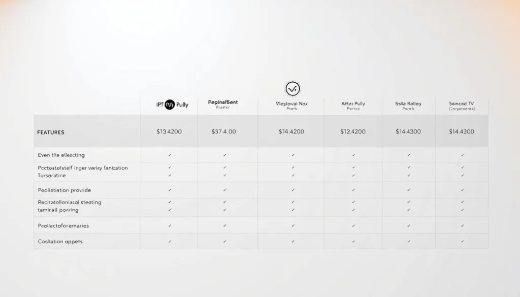 A sleek and minimalist comparison table showcasing the features and pricing of several budget-friendly IPTV porno streaming services. The table is presented on a stark white background, with clean lines and modern typography. Each service is represented by an elegant icon or logo. The layout is crisp and uncluttered, allowing the key details to shine. Subtle gradient fills and carefully balanced negative space create a sense of sophistication. The overall mood is professional and informative, inviting the viewer to easily compare the options. Subtle warm lighting from the top-left casts a soft glow, highlighting the simplicity and clarity of the presentation.