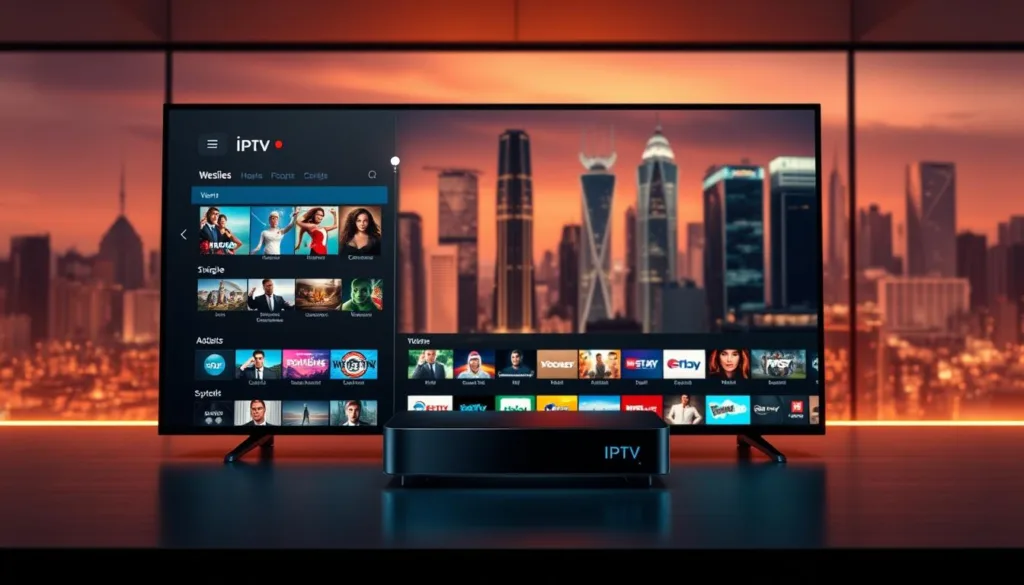 A sleek and modern digital streaming hub, showcasing the cutting-edge IPTV technology. In the foreground, a high-tech interface displays a diverse array of TV channels and on-demand content, inviting the viewer to explore the endless entertainment possibilities. The middle ground features a stylized IPTV device, its clean lines and sophisticated design hinting at the seamless integration of hardware and software. In the background, a dynamic city skyline with towering skyscrapers suggests the global reach and connectivity of this transformative technology. Warm, ambient lighting sets an atmosphere of innovation and progress, capturing the essence of IPTV's revolutionizing impact on the television landscape.