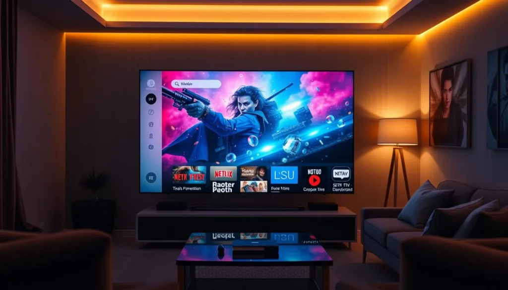 A sleek and modern home entertainment system showcases the best IPTV applications for adult movie streaming. In the foreground, a high-end smart TV displays a vibrant, cinematic movie scene. Surrounding it, a sophisticated media center with seamless UI controls, intuitive app interfaces, and a clean, minimalist aesthetic. The middle ground features various IPTV service logos, icons, and app thumbnails, hinting at the abundance of content and features. In the background, a dimly lit, cozy living room setting with plush furniture creates an immersive, theater-like ambiance, perfect for an evening of adult entertainment. Warm, diffused lighting and a slightly moody color palette evoke a sense of relaxation and indulgence.