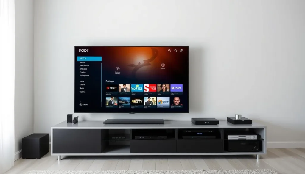 A sleek and modern media center setup with a Kodi interface displayed on a high-definition TV screen. The room is well-lit, with soft, diffused lighting illuminating the scene. The TV stands atop a minimalist entertainment unit, surrounded by neatly organized media devices and peripherals. The Kodi interface showcases a wide selection of IPTV channels and on-demand content, hinting at the endless entertainment possibilities. The overall atmosphere is one of technological sophistication and effortless media consumption.