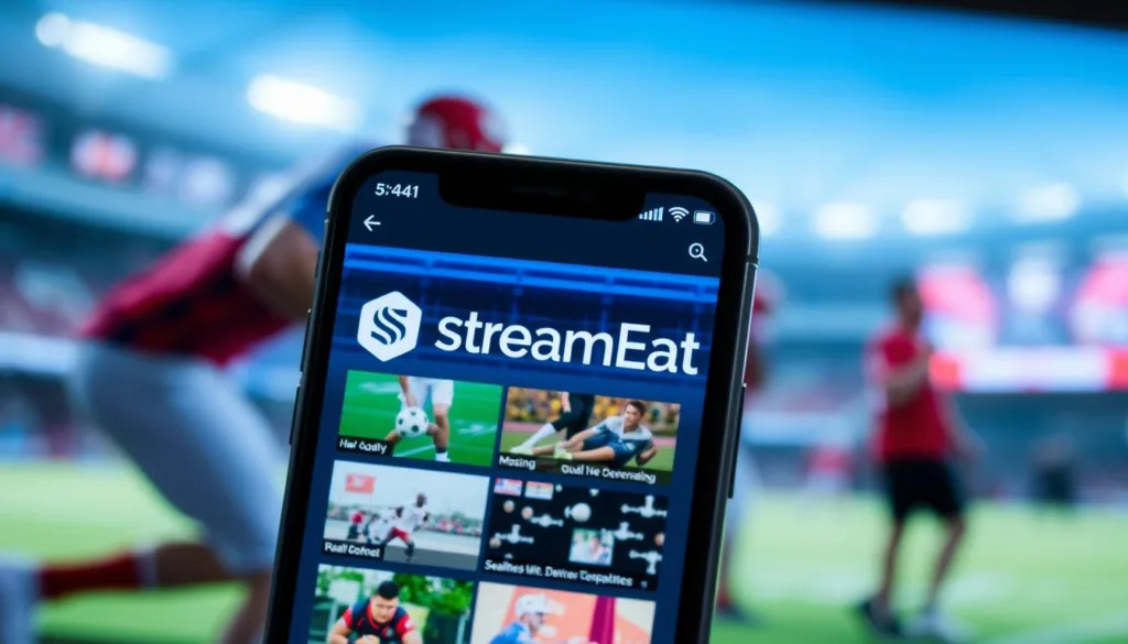 A sleek and modern mobile app interface showcasing the StreamEast logo against a backdrop of live sports footage. The app's UI is minimalist and intuitive, with clean typography and well-organized content sections. The middle ground features a grid of sports event thumbnails, hinting at the wide range of live coverage available. The foreground emphasizes the app's key features, such as high-quality video streaming, real-time updates, and seamless device compatibility. The overall mood is vibrant and energetic, capturing the excitement of watching sports on the go. Soft lighting and a subtle depth of field create a polished, professional aesthetic.