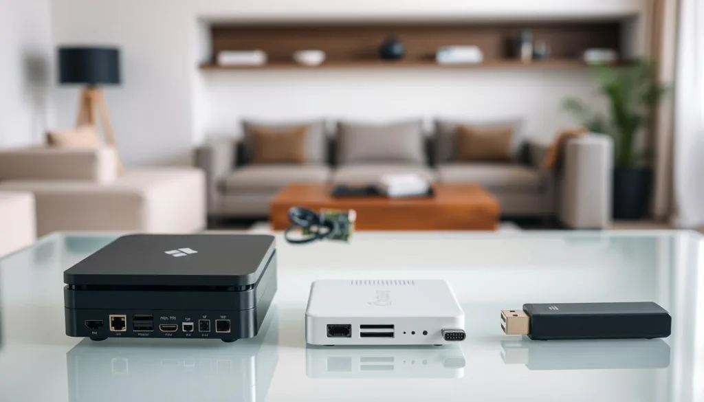 A sleek array of Kodi IPTV devices sits prominently on a minimalist glass table, their elegant designs accentuated by soft, directional lighting. In the foreground, a high-end Android TV box and a compact media player stand side by side, showcasing their various ports and connectivity options. In the middle ground, a powerful yet compact Raspberry Pi device and a versatile HDMI dongle are displayed, each representing the diversity of Kodi IPTV solutions. The background is a serene, out-of-focus living room, hinting at the seamless integration of these devices into the modern home entertainment setup. The overall mood is one of sophisticated technology and the promise of an immersive Kodi IPTV experience.