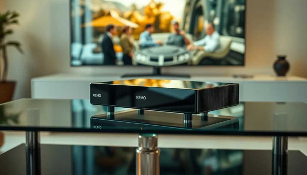 A sleek, cutting-edge KEMO IPTV device resting on a modern glass and metal entertainment center. The device's minimalist design features clean lines and a glossy black finish, reflecting the living room's soft, warm lighting. In the background, a high-definition television screen displays a vibrant, cinematic scene, hinting at the boundless entertainment options available through KEMO IPTV. The overall composition conveys a sense of technological sophistication and the promise of an immersive, seamless streaming experience.