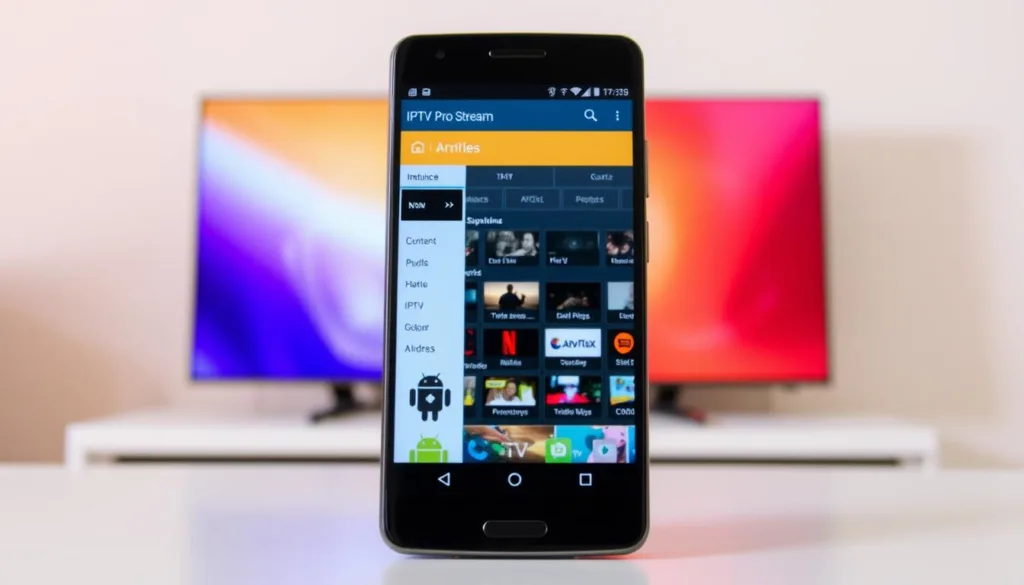 A sleek, modern Android smartphone displayed prominently, its screen showcasing the IPTV Pro Stream app interface. In the foreground, intuitive on-screen controls and a clean, minimalistic design invite the user to navigate the app's features. The middle ground reveals a neatly organized menu system, highlighting seamless integration with various IPTV service providers. In the background, a subtle yet vibrant gradient backdrop suggests the wealth of content and entertainment options available through the IPTV Pro Stream platform. Soft, directional lighting casts a warm, inviting glow over the entire scene, creating a sense of ease and accessibility for the user.