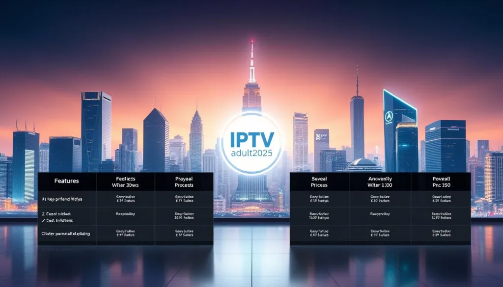A sleek, modern comparison of the top IPTV Adult2025 providers in the United States, presented against a backdrop of a futuristic cityscape. In the foreground, a grid-like display showcases the key features and pricing of each provider, rendered in a clean, minimalist style. The middle ground features a prominent IPTV Adult2025 logo, subtly illuminated and integrated into the cityscape. In the background, the skyline is dominated by towering skyscrapers, their glass facades reflecting the vibrant neon lights of the city, creating an atmosphere of technological advancement and innovation. The overall scene conveys a sense of the exciting potential of the IPTV Adult2025 industry, poised to unlock the future of adult streaming.