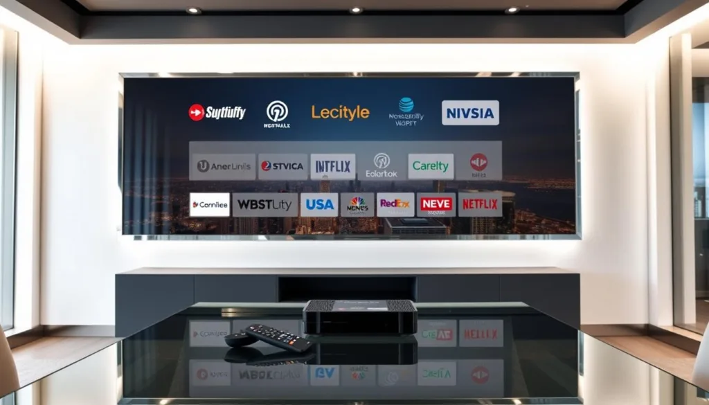 A sleek, modern office interior with a large flat-screen display showcasing the logos and services of the top IPTV providers in the USA. The screen is mounted on a minimalist, chrome-framed wall, illuminated by soft, diffused lighting. In the foreground, a glass table reflects the screen's image, creating a sense of depth and sophistication. On the table, a few high-end remote controls and streaming devices are neatly arranged, hinting at the seamless integration of these IPTV services. The background features a view of a bustling city skyline, conveying the providers' nationwide reach and the convenience of accessing live TV and on-demand content from anywhere.