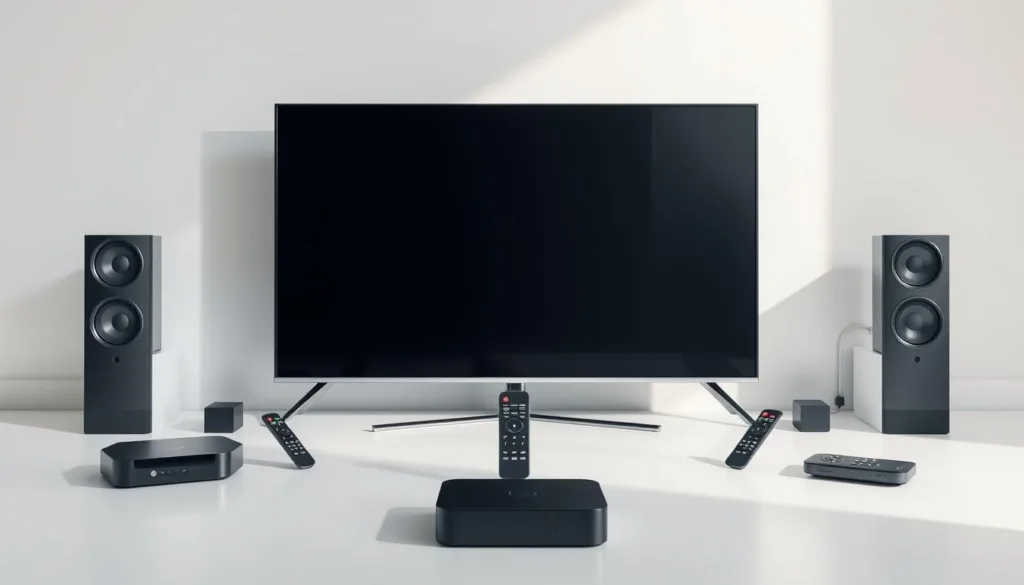 A sleek, modern smart TV surrounded by streaming devices, remote controls, and IPTV subscription details, all set against a clean, minimalist background. Soft, directional lighting highlights the elegant design of the tech products, creating a sense of premium quality and reliability. The scene conveys a feeling of seamless, high-quality IPTV streaming, ready to deliver an uninterrupted, immersive viewing experience. The composition is well-balanced, with the main subject positioned prominently, and complementary elements arranged harmoniously around it.
