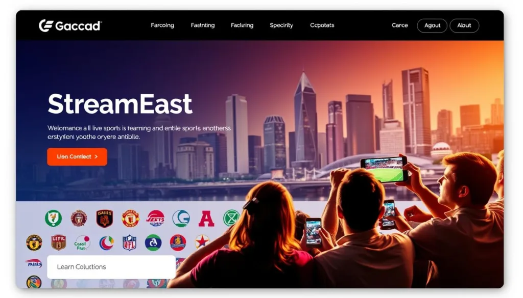 A sleek, modern website with a vibrant hero section showcasing the StreamEast logo and tagline. In the foreground, a group of sports fans cheering excitedly as they stream a live match on their devices, the screen reflecting in their eyes. The middle ground features an array of popular sports leagues' logos, hinting at the diverse content available. The background depicts a dynamic, cityscape skyline with towering skyscrapers, conveying a sense of a global, high-tech platform. Warm lighting casts a welcoming glow, and the overall composition evokes a feeling of energy, community, and seamless access to live sports streaming.